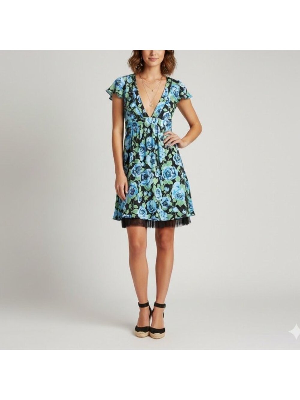 Free People Size 4 Blue Floral Silk Flutter Sleeve V-Neck Coquette Mini Dress - Picture 1 of 11